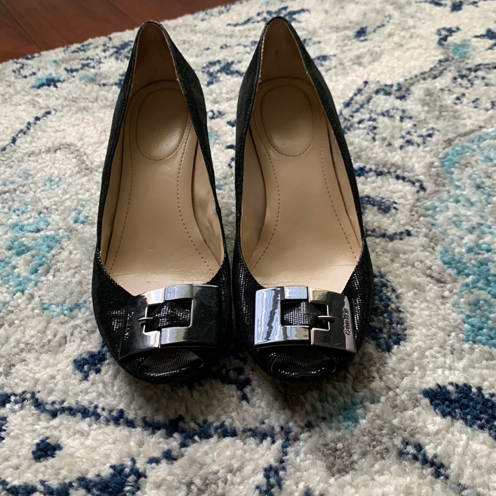 Calvin Klein black silver logo wedges size 9 1/2
